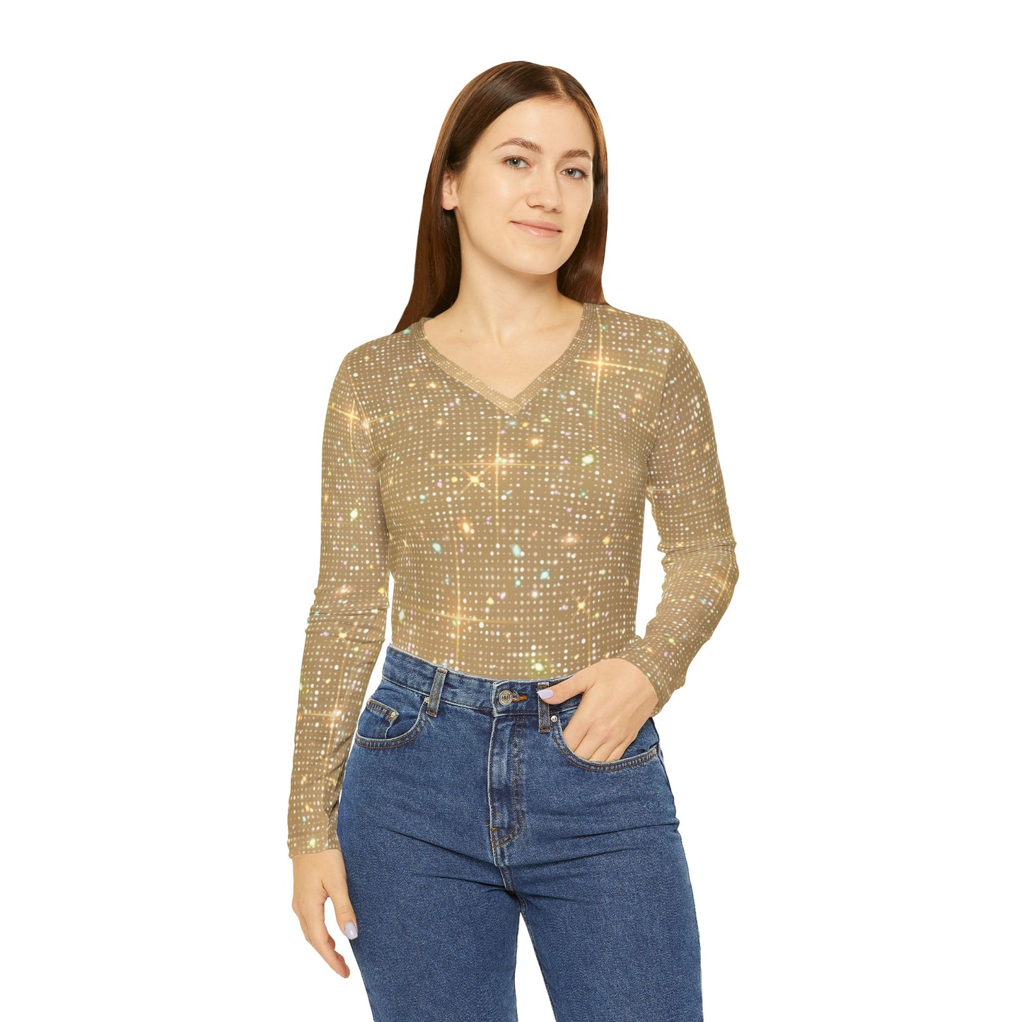 Sparkling Long Sleeve V-Neck Shirt - Women's AOP, Stylish Top, Casual Wear, Holiday Outfit, Gift for Her