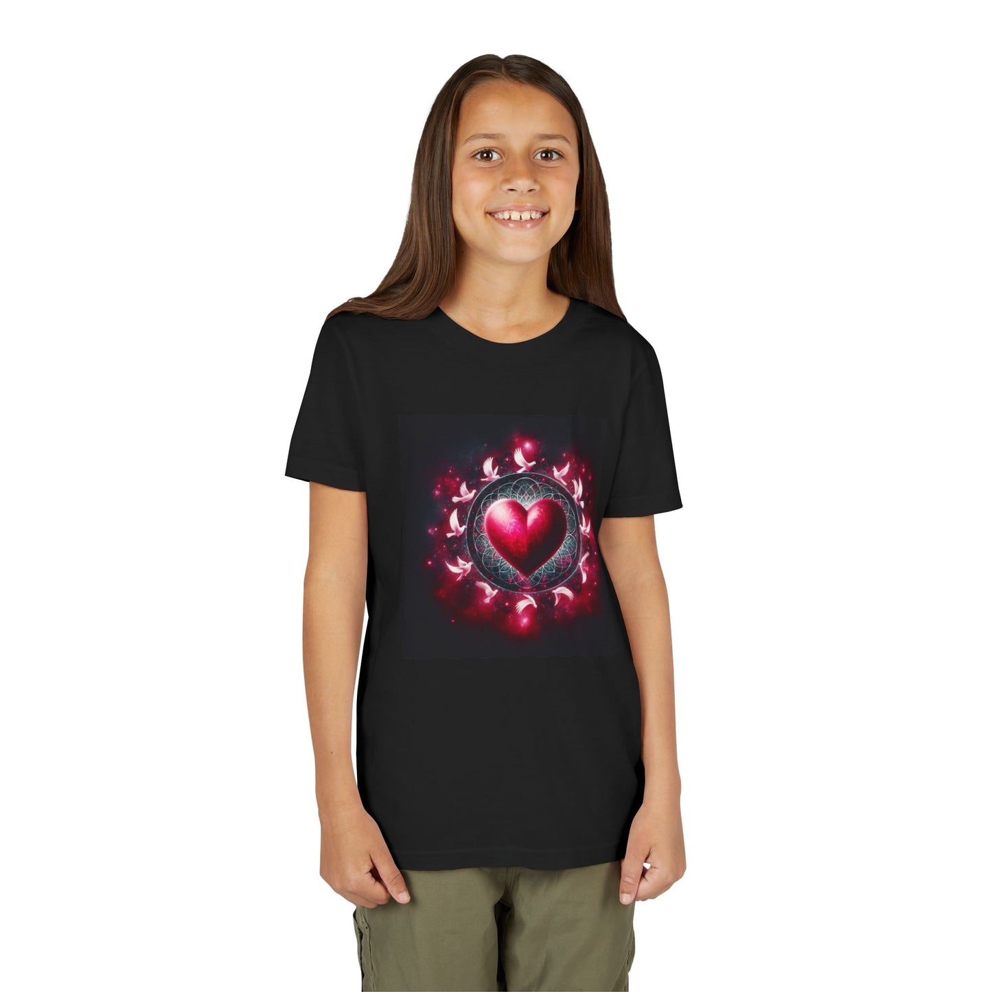 Girls' Youth T-Shirt with Unique Heart & Doves Design