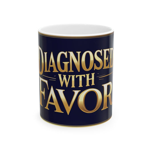Ceramic Coffee Mug - "Diagnosed with Favor" - Inspirational Gift, Office Drinkware, Unique Gift for Friends, Motivation, Positive Quote